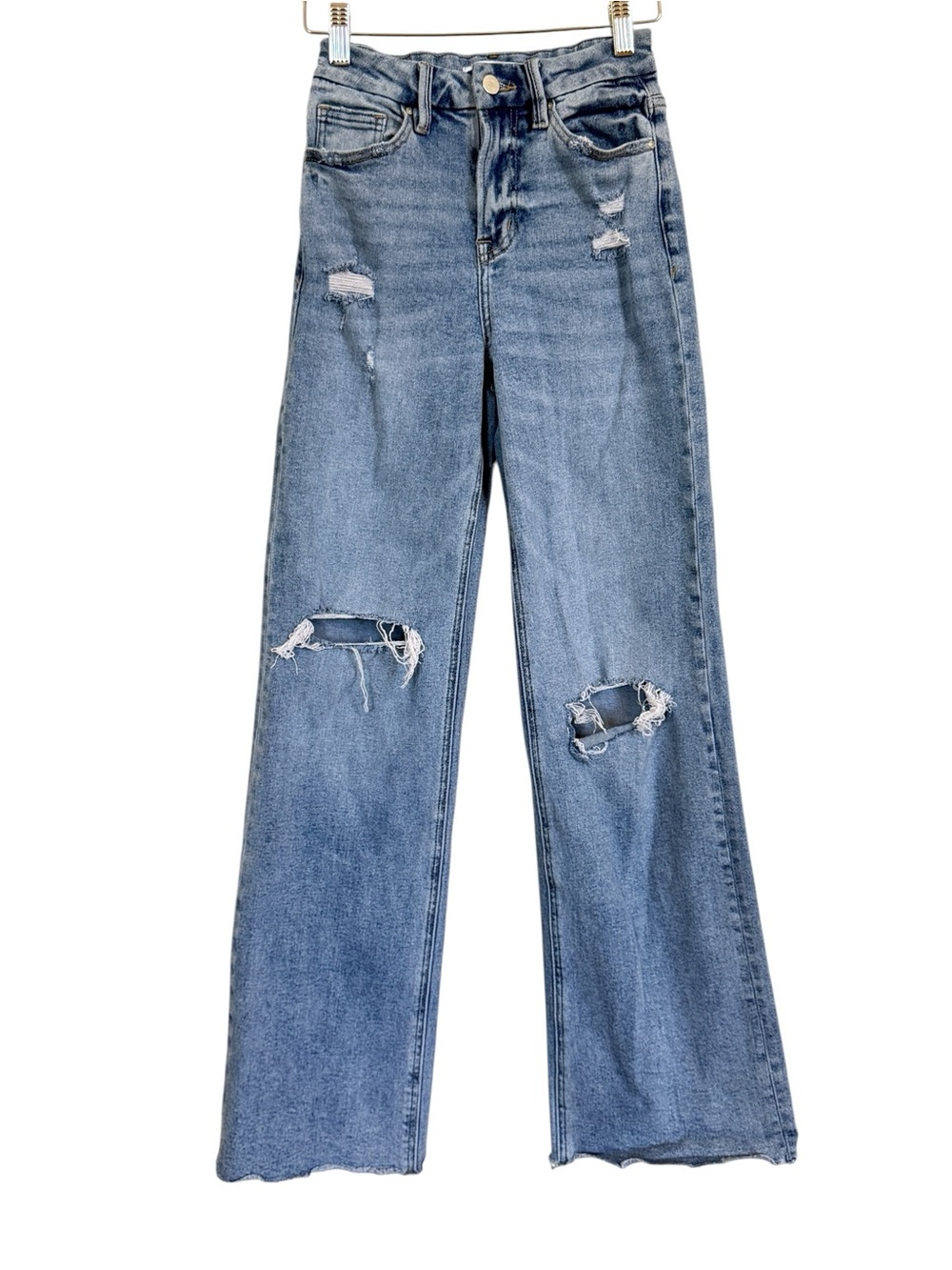 Mica Los Angeles Distressed Wide Leg Jeans Size 24 High Rise Raw Hem Light Wash
